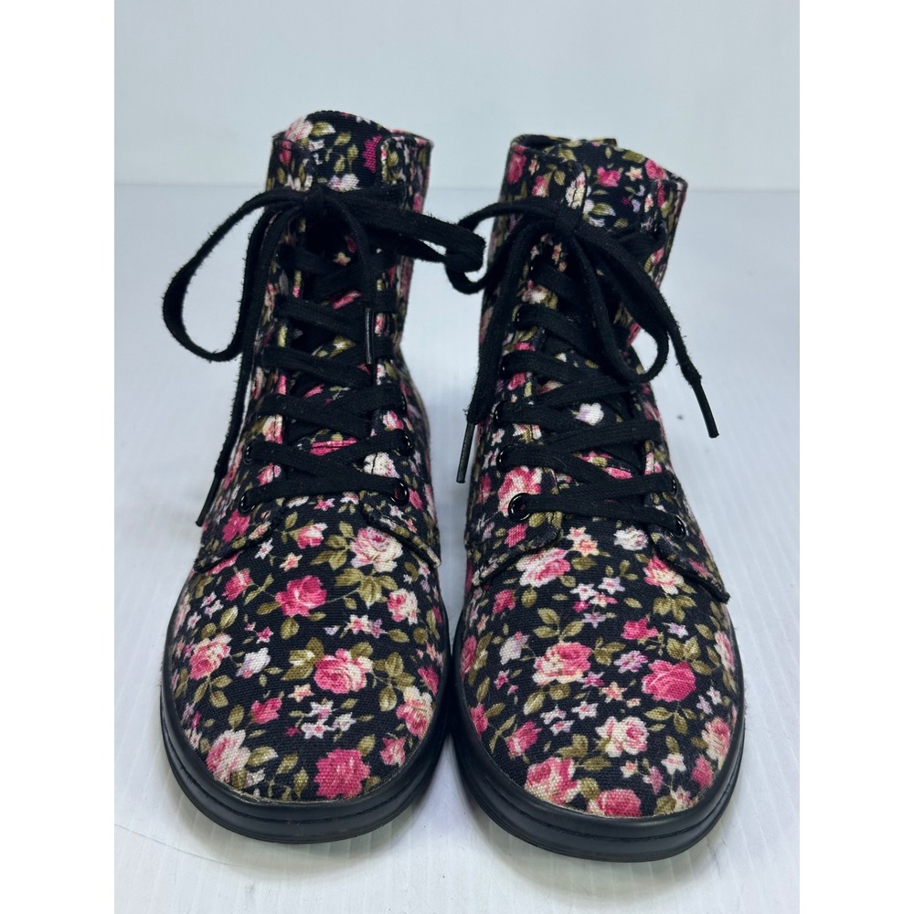Dr. Martens Hackney Floral Canvas High Top Boots Black Pink Rose US Women 8